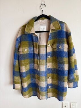 Wilfred Free Plaid Wool-Blend Shacket in Blue, Olive & Cream